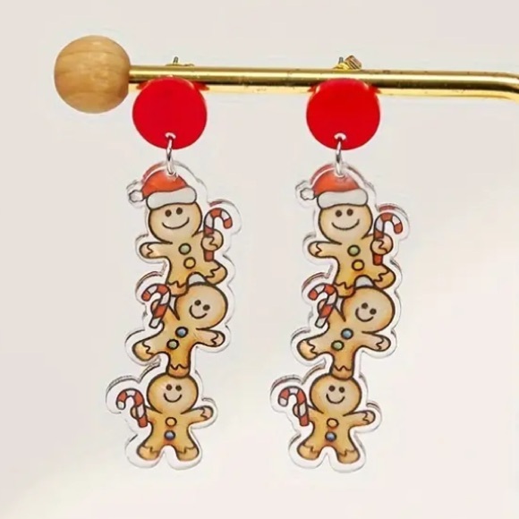 Gingerbread Candy Cane Santa Hat Acrylic Christmas Holiday Stud Earrings - Picture 2 of 3